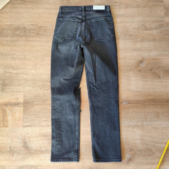 Re/Done Originals 70s Straight Jeans Womens 25‎ Washed Noir Knee Rip Black - Picture 5 of 16